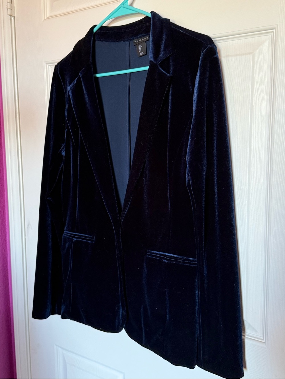 Tahari Navy Velvet Single-Button Blazer - Picture 2 of 6